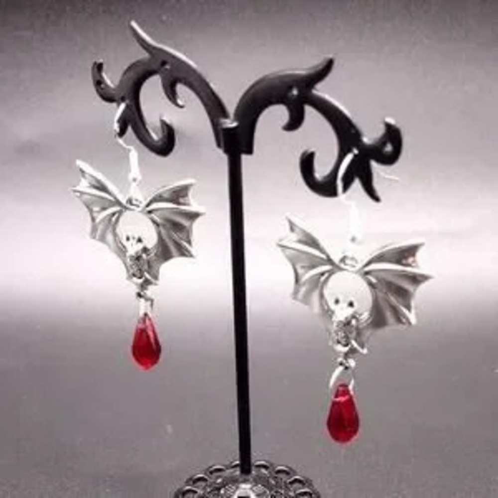 925 Silver Hook Vampire Bat Earrings Blood Red Women's Halloween Christmas Gift